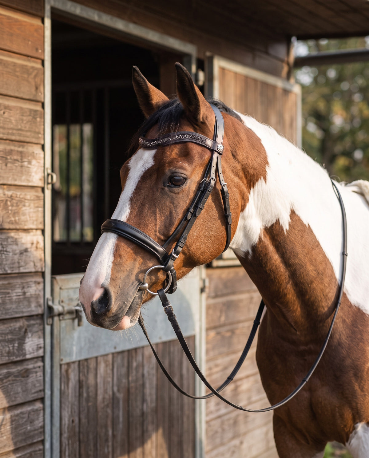 Frontal Artémis porté par un cheval pie, cuir noir (image de synthèse)