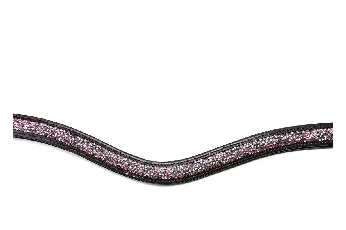 Gros plan des strass du frontal Artémis Rose, cuir malt