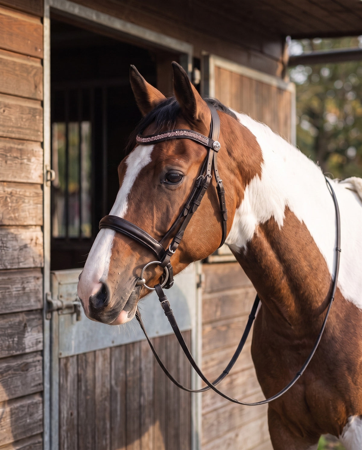 Frontal Artémis Rose porté par un cheval pie, cuir marron (image de synthèse)