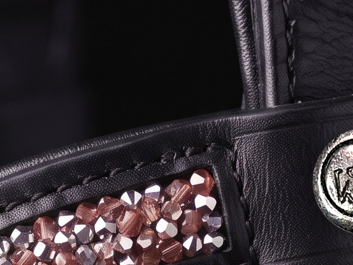 Gros plan de la bande de strass du frontal Artémis Rose au passant, cuir noir (image de synthèse)