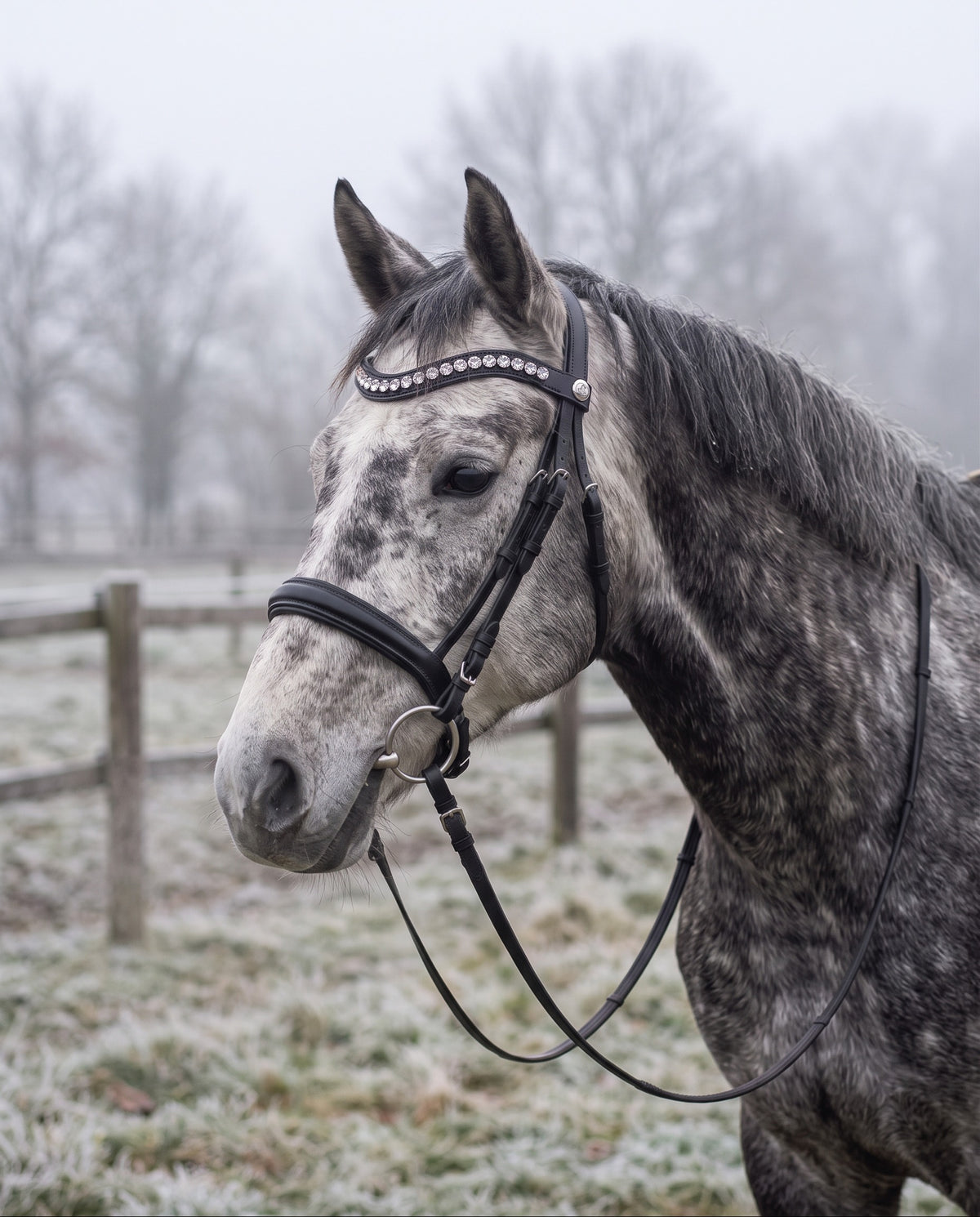 Frontal Metis Cristal porté par un cheval gris, cuir noir (image de synthèse)