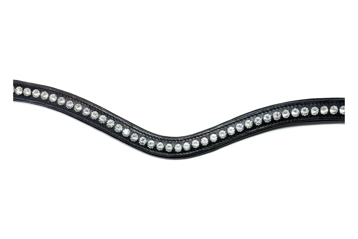 Gros plan des strass du frontal Metis Cristal, cuir noir