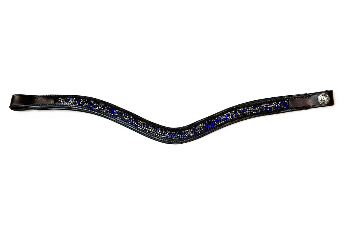 Frontal Artémis Bleu, cuir noir, vue à plat
