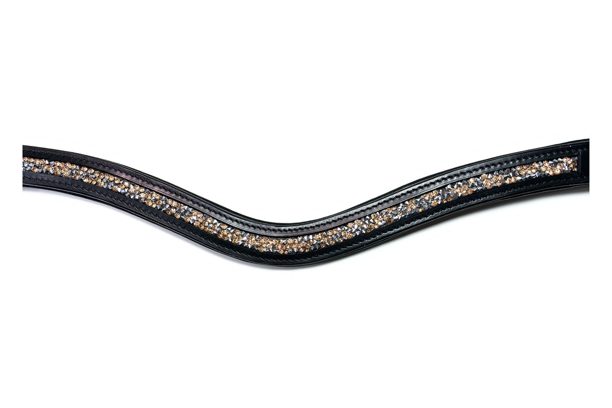 Gros plan des strass du frontal Artémis Pêche, cuir noir