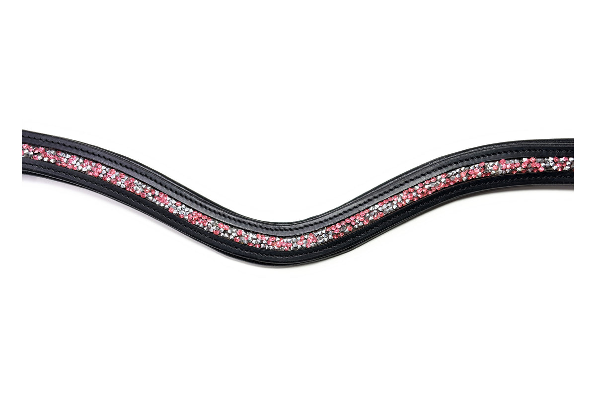 Gros plan des strass du frontal Artémis Rose, cuir noir