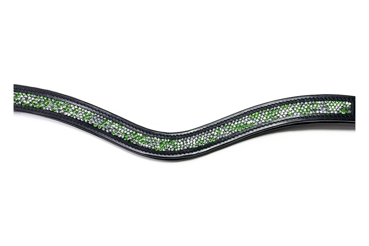 Gros plan des strass du frontal Artémis Vert, cuir noir