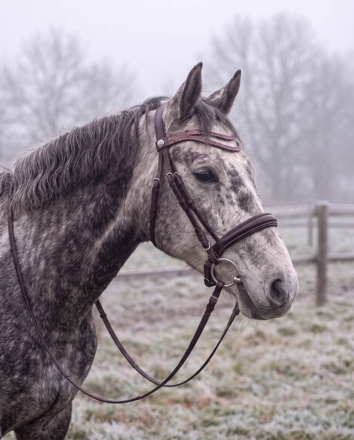 Frontal Eris Rose porté par un cheval gris, cuir marron (image de synthèse)