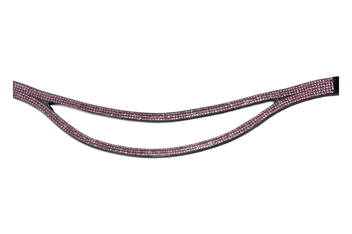 Gros plan des strass du frontal Eris Rose, cuir noir