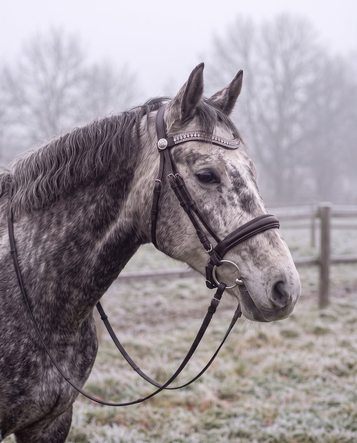 Frontal Hestia porté par un cheval gris, cuir marron (image de synthèse)