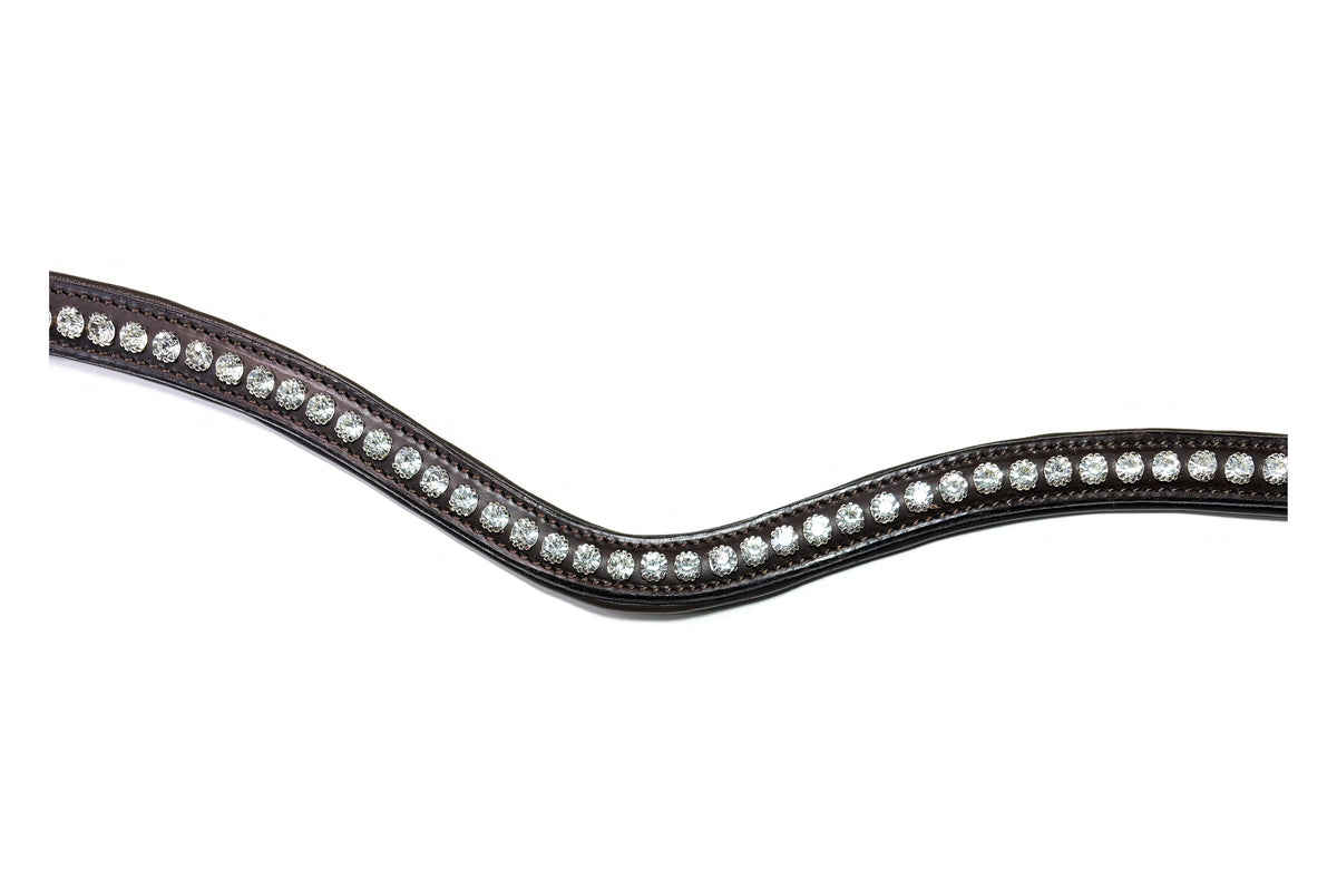 Gros plan des strass du frontal Metis Cristal, cuir malt