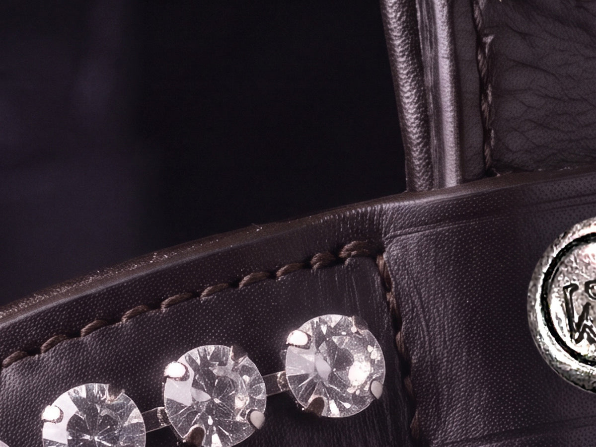Gros plan de la bande de strass du frontal Metis Cristal au passant, cuir marron (image de synthèse)