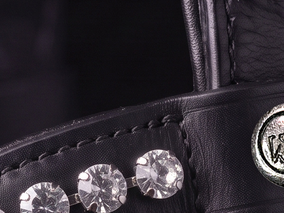 Gros plan de la bande de strass du frontal Metis Cristal au passant, cuir noir (image de synthèse)